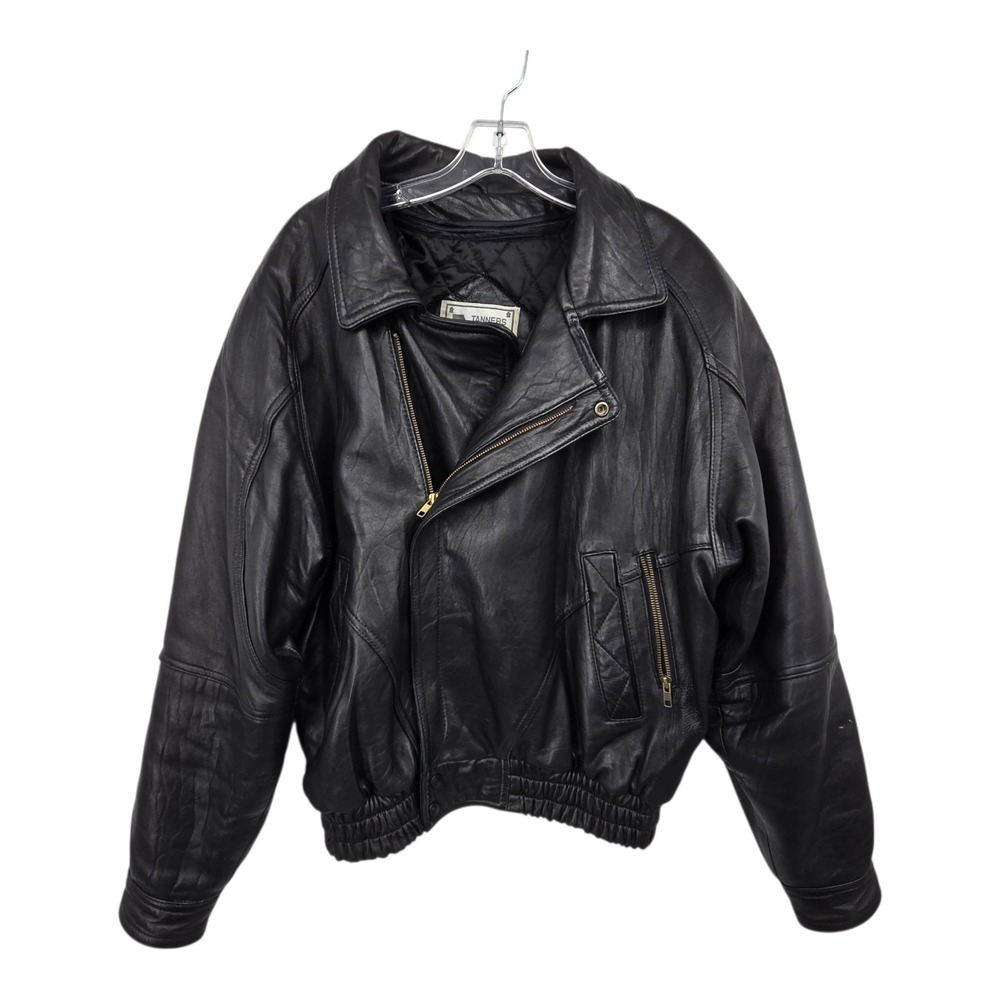 Vintage 90s Y2K Leather Bomber Biker Jacket Coat Mens‎ LG Black Quilted Lining